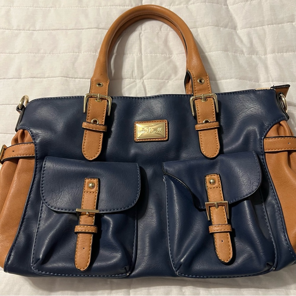 Large Satchel Simply Noelle Bag Navy Blue‎ And Tan
